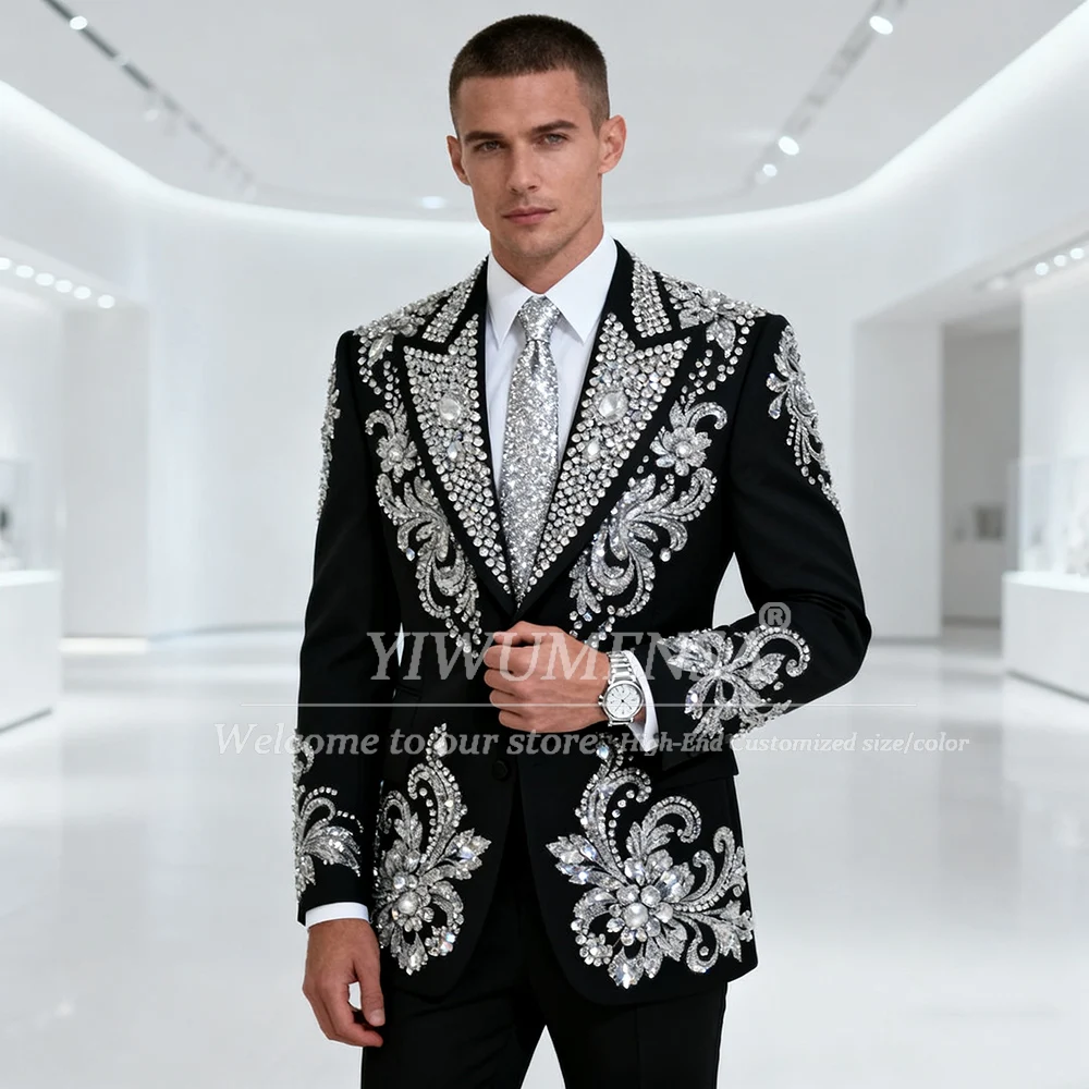 

Мужские костюмы с блестящими стразами и бисером на свадьбу, комплект из 2 предметов, однобортный сценический смокинг для жениха, мужские банкетные пиджаки по индивидуальному заказу