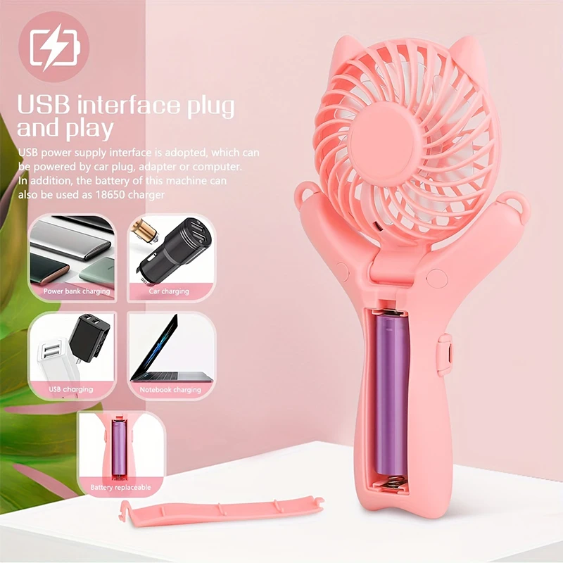 Cat ears mini cute little fan, can be held in hand or placed on the desktop, portable folding USB small fan