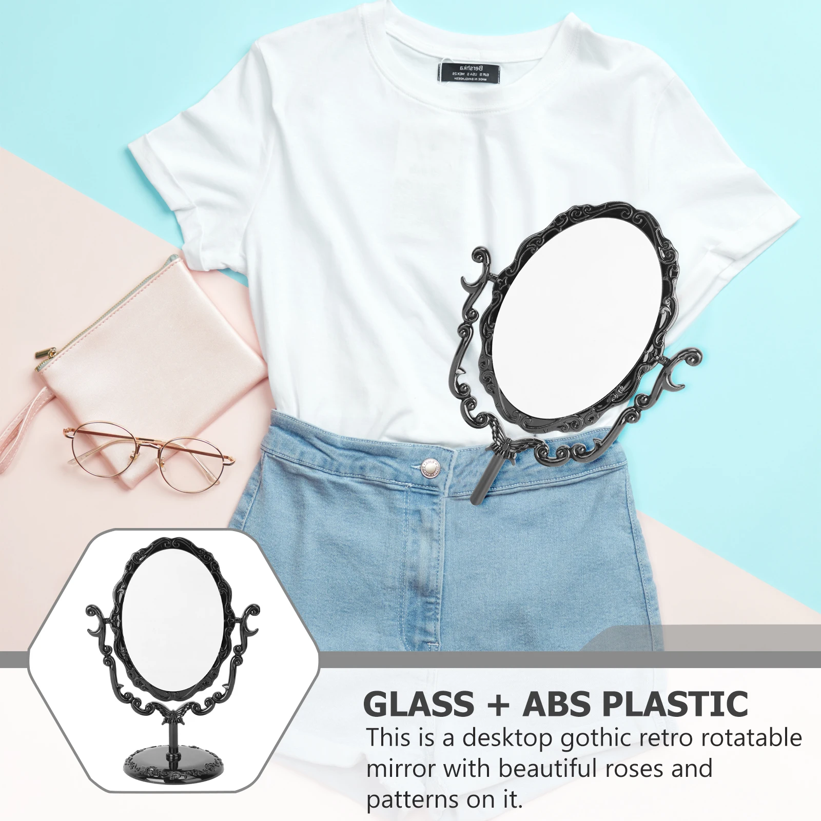 Obracane lusterko stołowe w stylu gotyckim vintage z czarną ramą i różą, regulowane lusterko do toaletki.