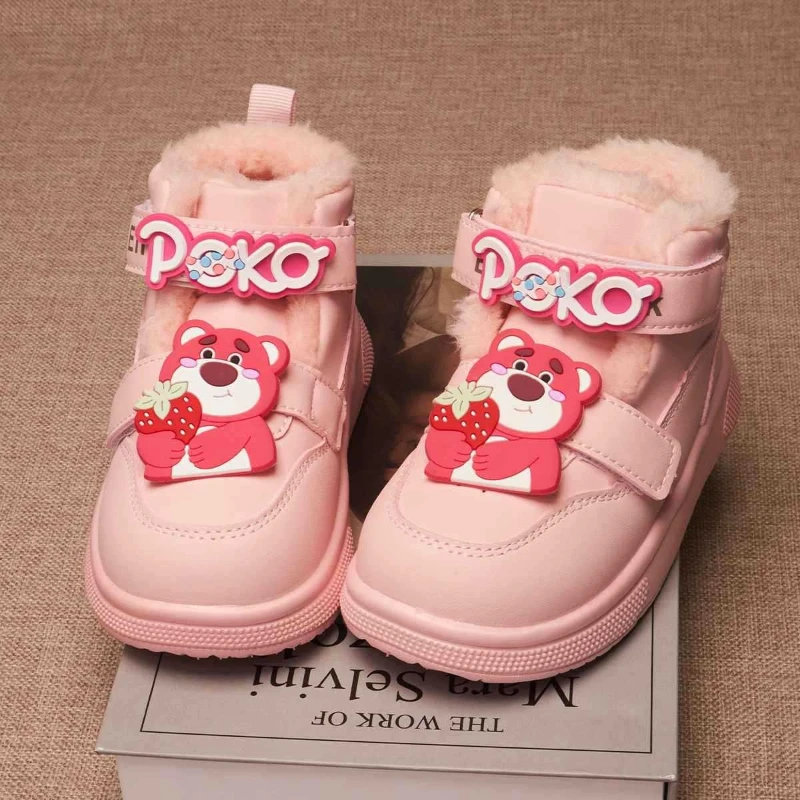 

Strawberry Bear Girls Snow Boots 2025, Cartoon Platform Winter Shoes for Kids Warm Ankle Boots