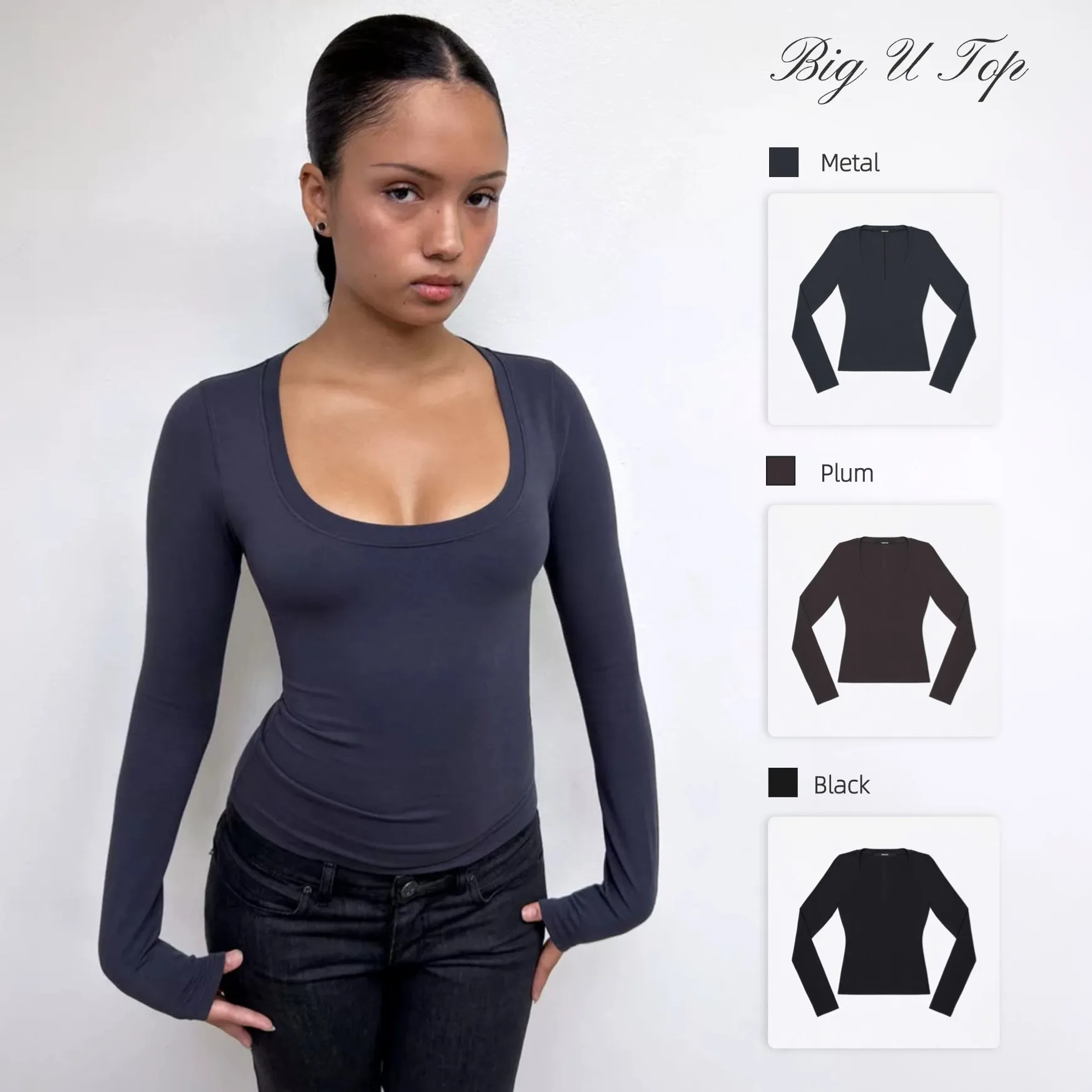 Tank Dark Grey Fitted Long-Sleeved Base Layer Classic Crew Neck Structured Shoulder Custom-Dyed
