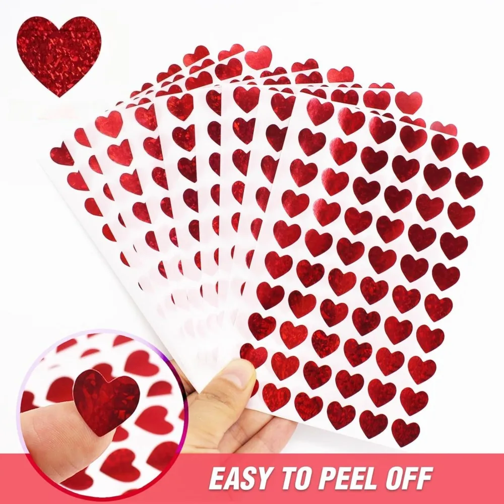 20 Sheets Holographic Heart Stickers Red Glitter Love Decals Self Stick Mini Hearts for Journal Diary Planner Aesthetic Decor