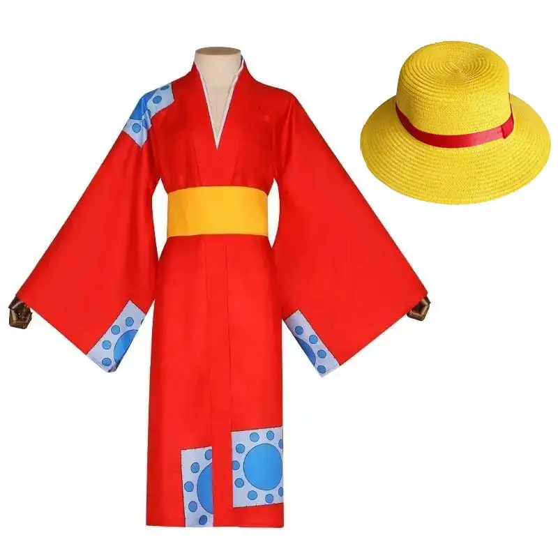 Traje de kimono rojo de una pieza de Anime Monkey D Luffy, disfraz de Cosplay de kimono, bata de kimono de país Wano, trajes de Halloween rojos