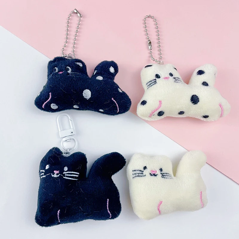 Cartoon Black White Polka Dot Cat Plush Doll Toy Pendant Keychain Car Key Ring Backpack Decoration