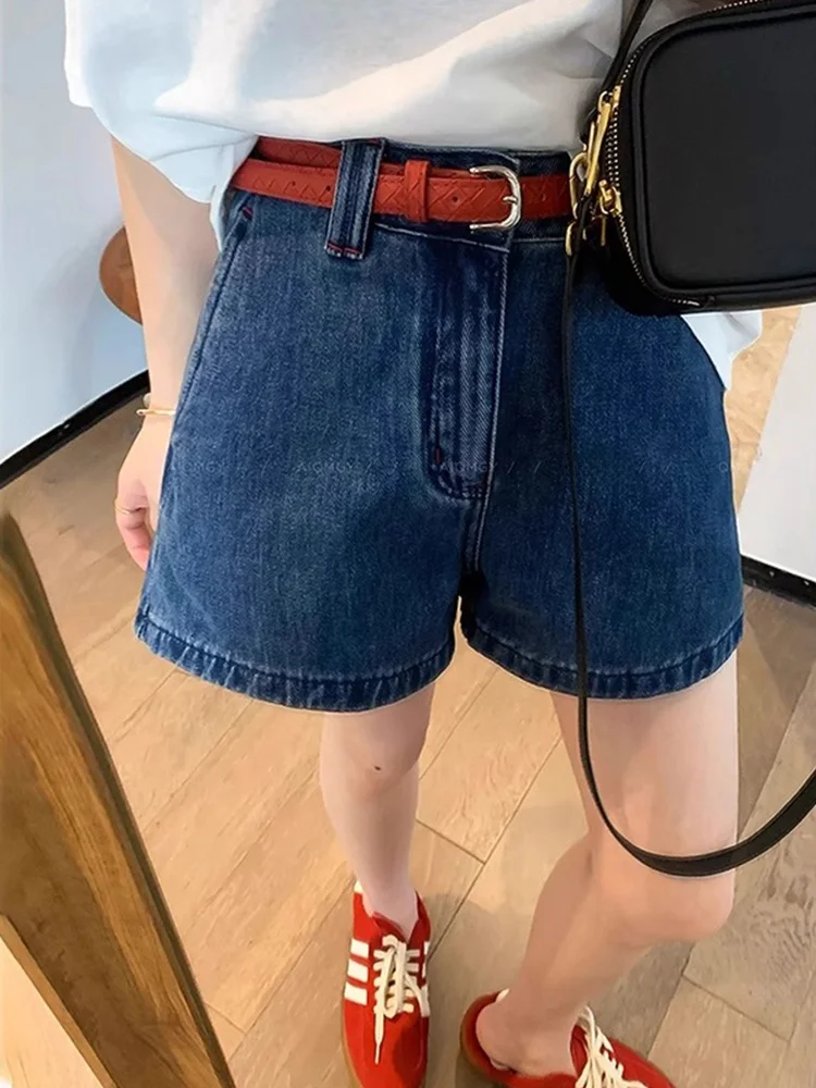 

Синие джинсовые брюки в стиле ретро, женские летние тонкие свободные прямые брюки больших размеров, утягивающие шорты с высокой талией, для поездок на работу