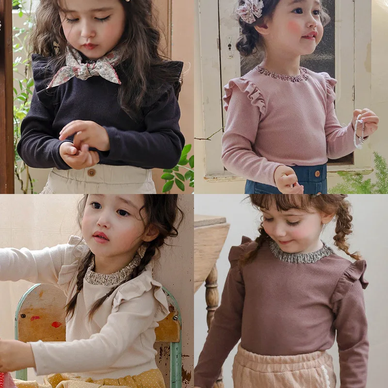 

Girls Tops 2025 Autumn New Children's Girl Cute Floral Collar Elastic Cotton Long Sleeve Bottom T Shirt Kids Girls Clothes