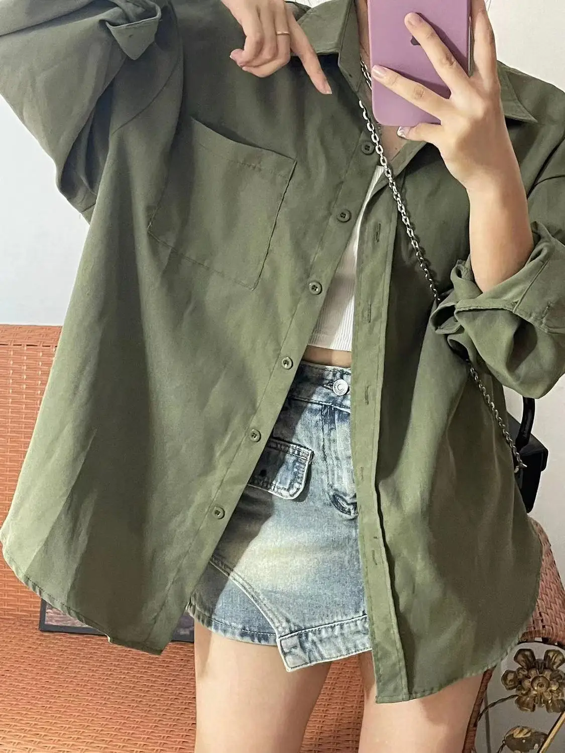 New Summer Retro Military Green Pure Cotton Shirt for Women's Hong Kong Style Top Loose Versatile Shirt Sunscreen Cardigan