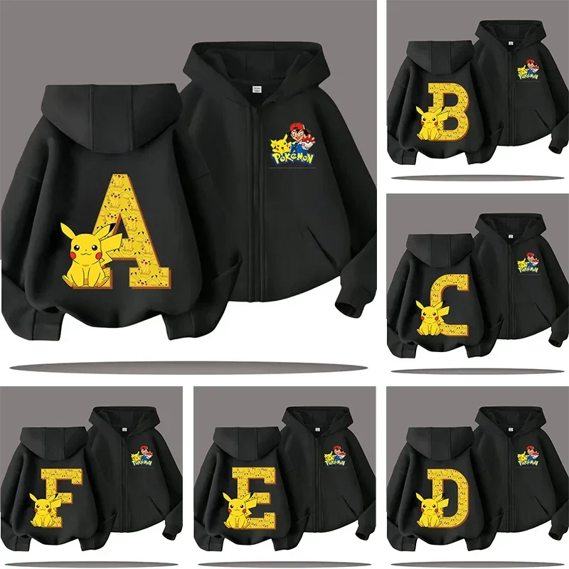 

New Pokémon cartoon print letter A-Z children's zipper hooded sweatshirt for boys, sport shirt, spring-autumn jacket, casual top