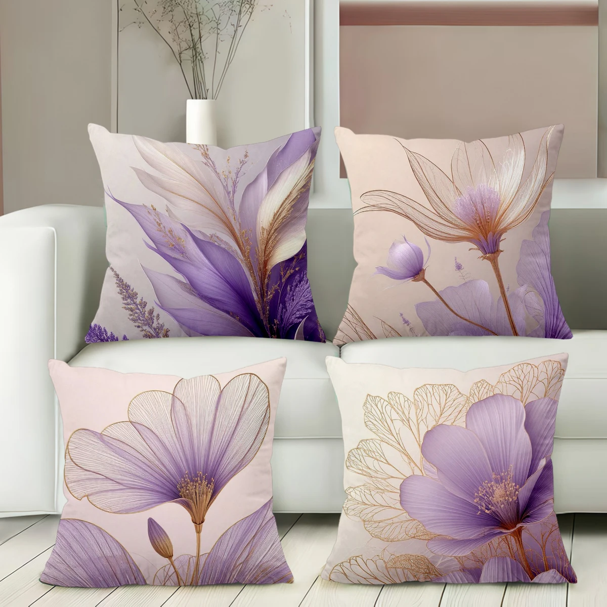 Purple Flower Printed Cushion Covers For Home Decor Polyester pillowcase, sofa decorative cushion cov Headboard Pillow