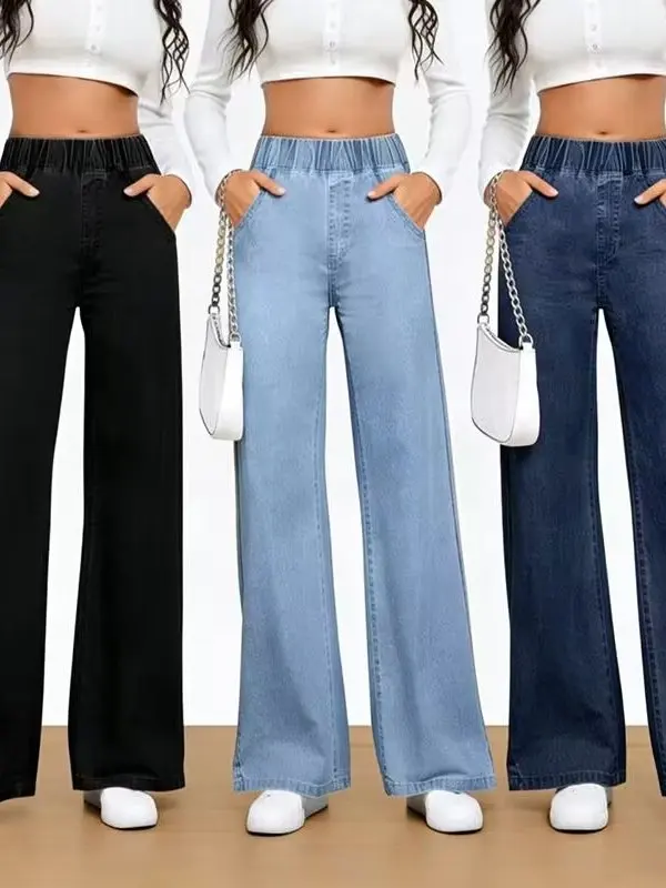 

Women's Elastic Waist Wide Leg Jeans Spring New Style Retro High Waist plus Size Loose Slimming Long Pants Casual Fashion