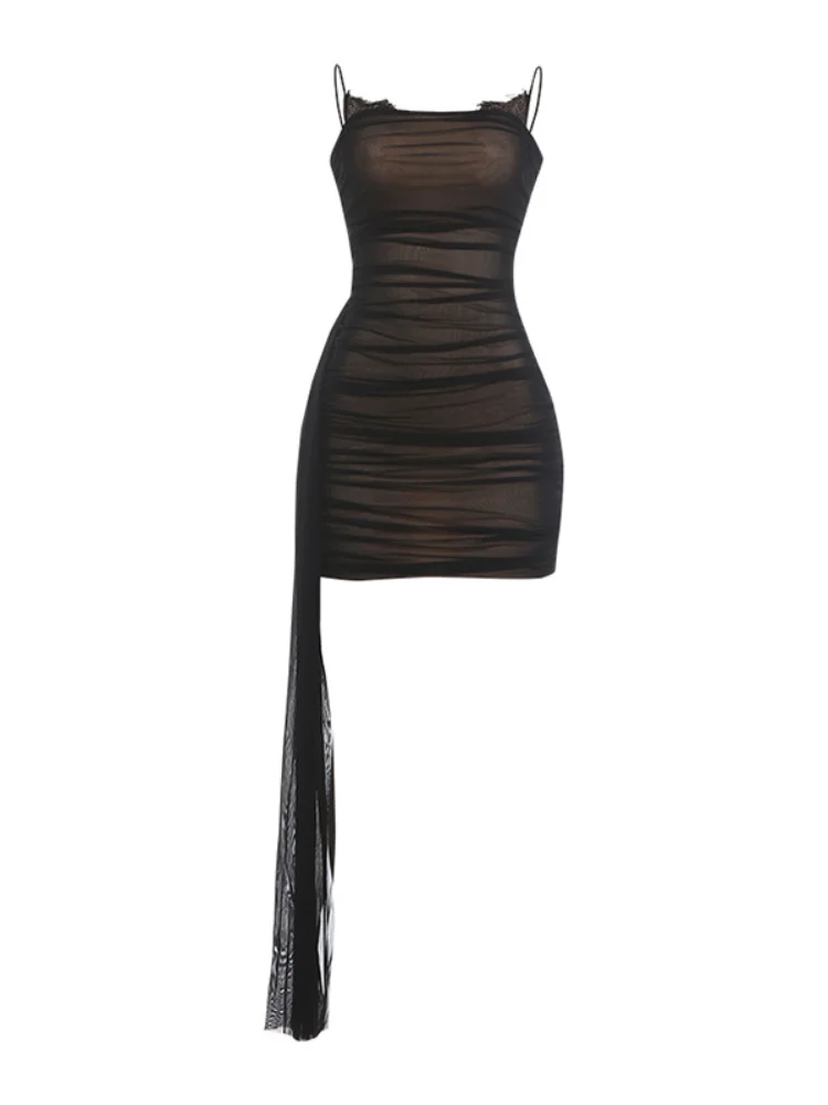 Damen Spaghetti-Träger Mesh Mini-Kleid Nachtclub Party Gerafftes Bodycon-Outfit Schwarzer Spitzenbesatz Transparenter Mesh Midi Streamer Rock 2026 – Detail 6