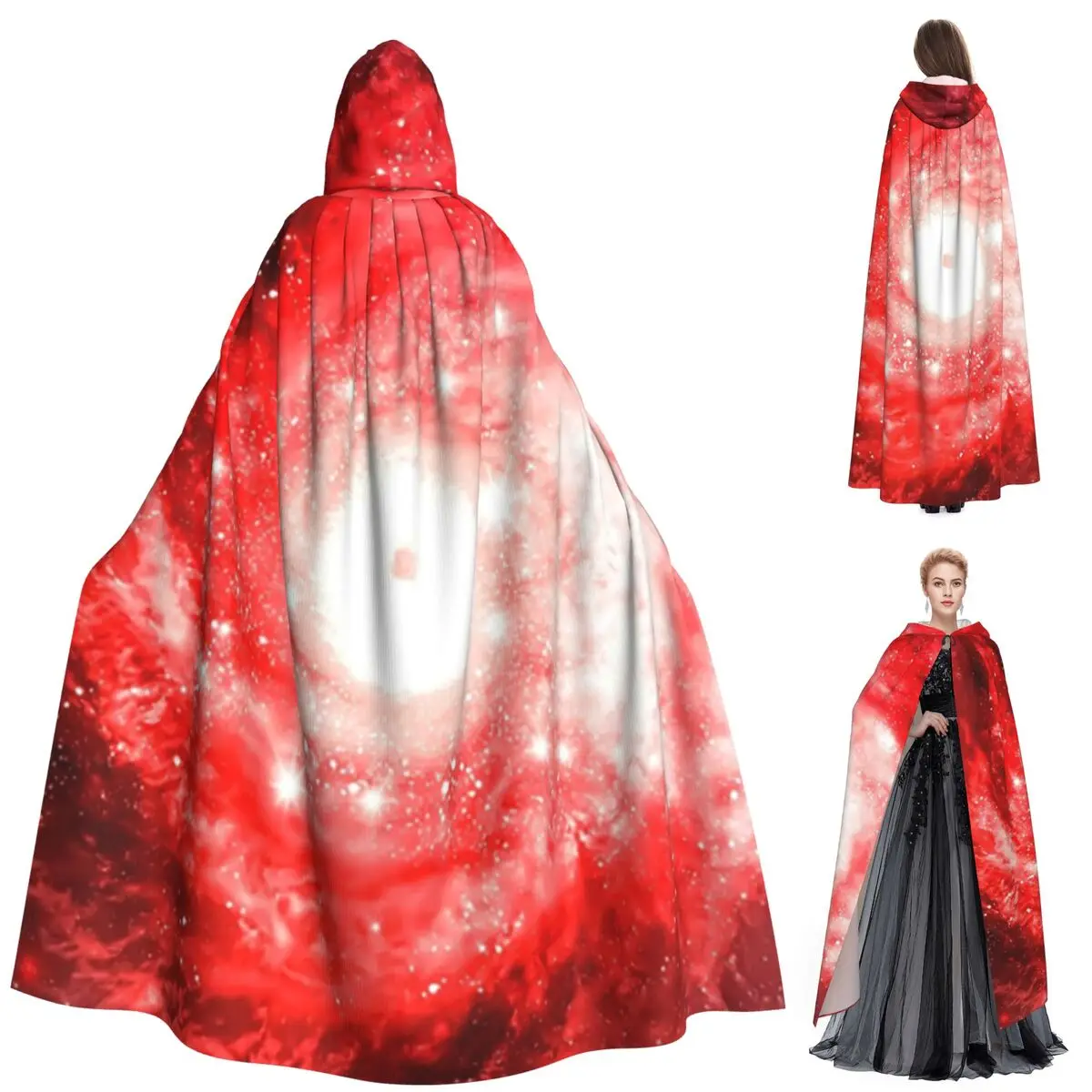 Jubah Panjang Bertudung Hitam Motif Galaksi Nebula Langit Malam, Kostum Penyihir Abad Pertengahan, Jubah Cosplay Halloween, Mantel Dewasa Unisex