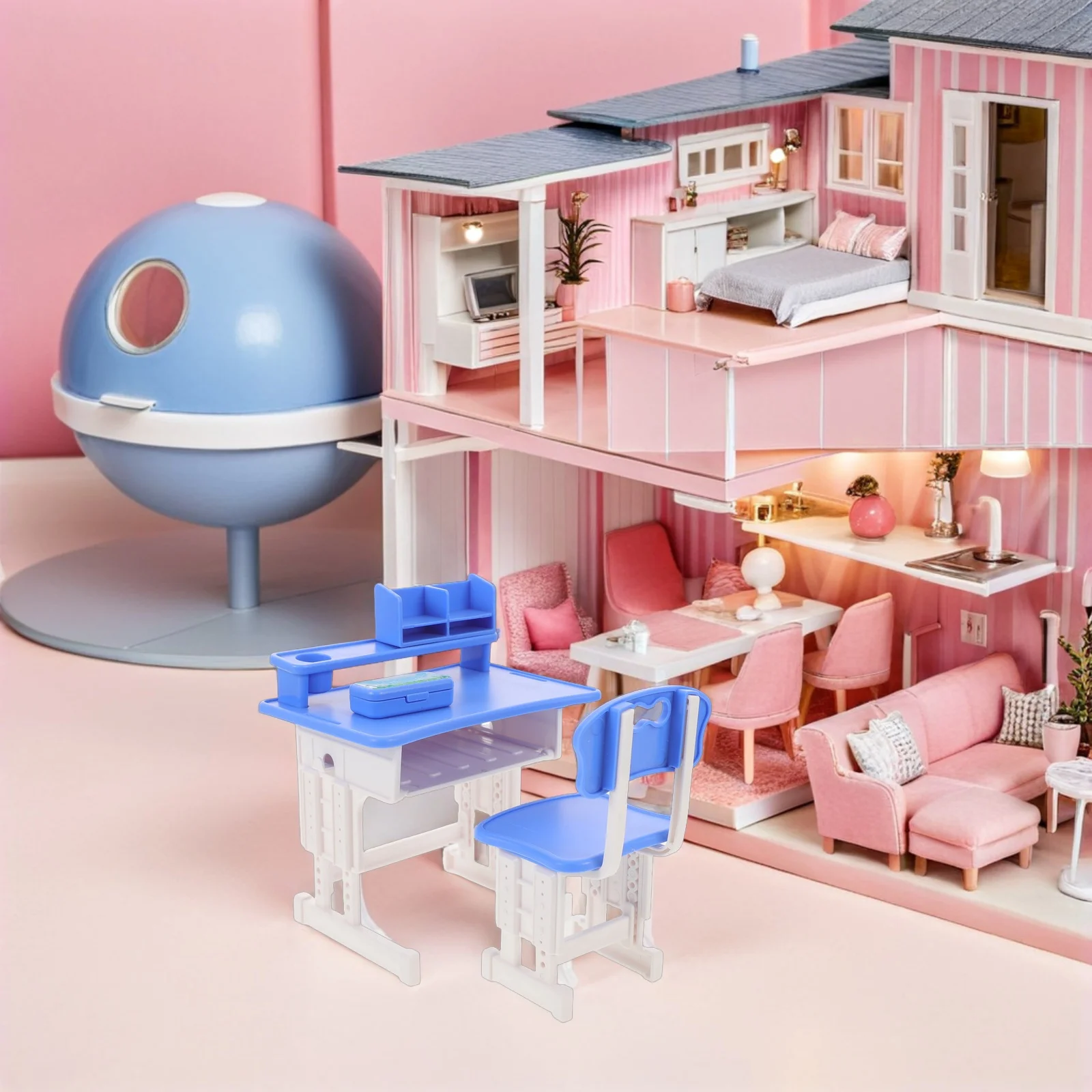 1Set Miniature School Desk Chair Set for Photography Props and Detailed Dollhouse Classroom Decor