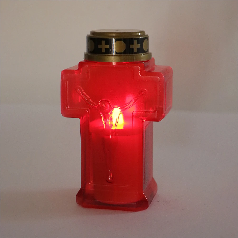 2 Pcs Flameless LED Religious Lamp Religious Jesus Cross Grave Jesus Light Decoration Plastic LED Candles