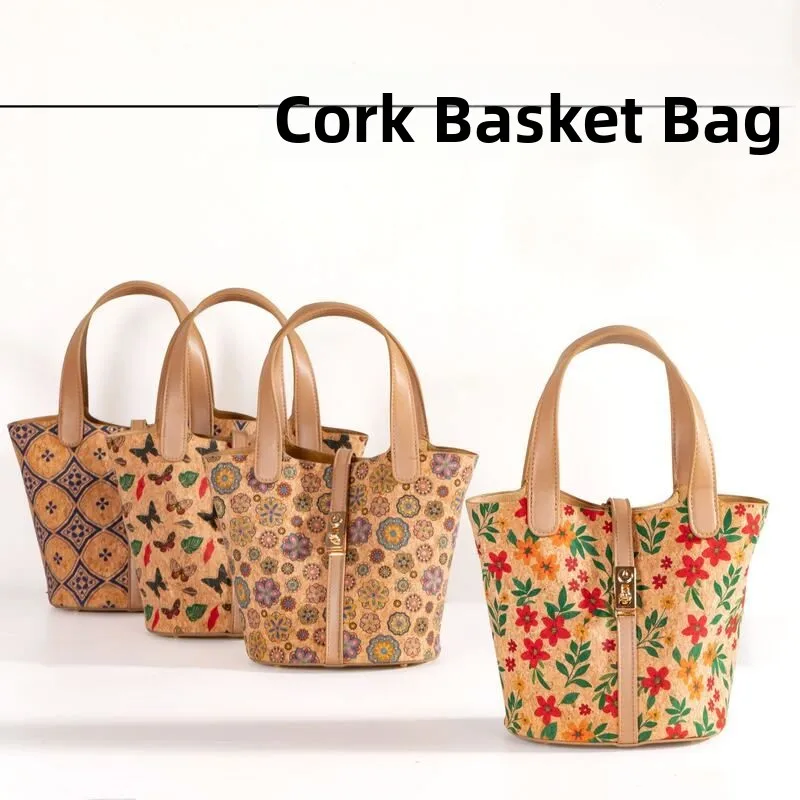Retro Cork Treebark Printed Women's Handbag Slant Cross Small Basket Bag Soft Wooden Material Daily Use Shoulder Bag
