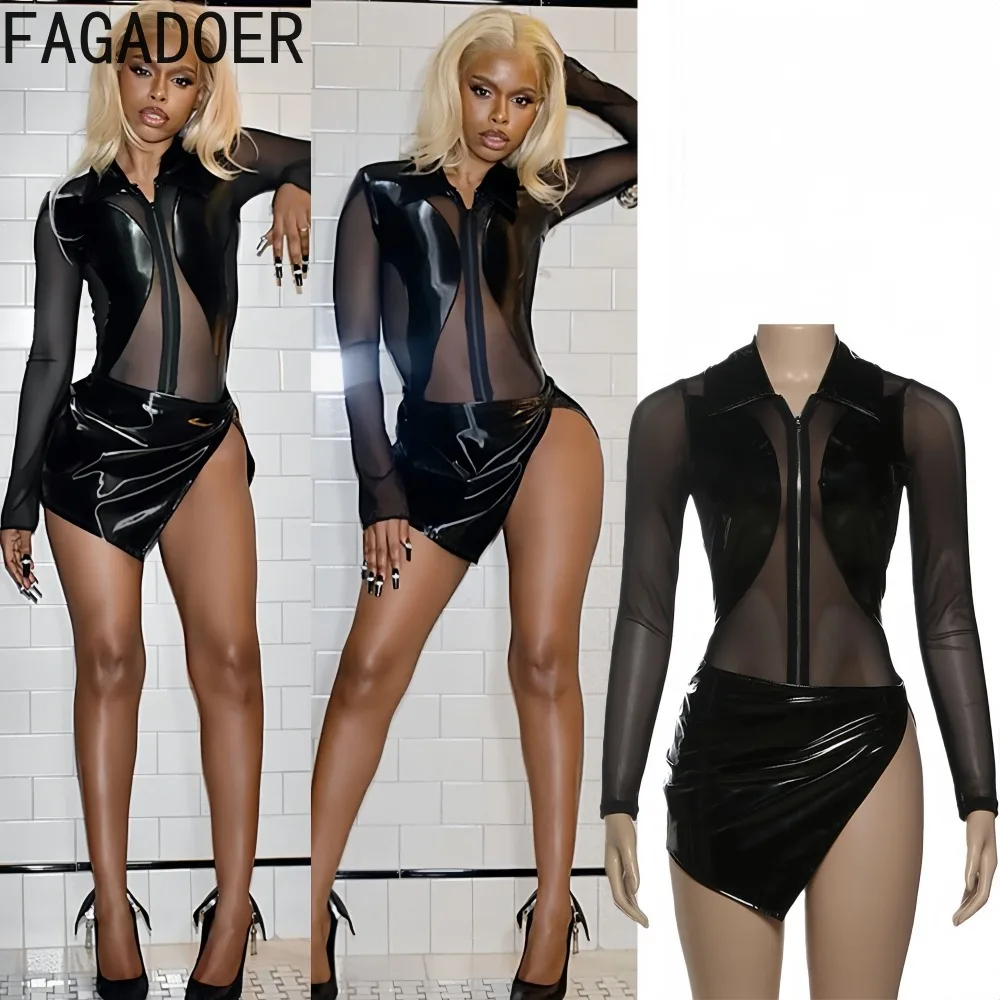 

FAGADOER Sexy Leather Patchwork 2 Pieces Set for Woman Mesh See Through Long Sleeves Bodysuits +skirt Matching Female Streetwear