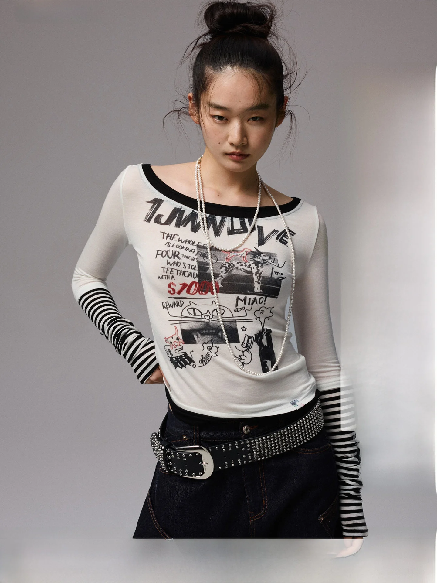 

JINN STUDIO fiti Футболка с принтом Long Sve, женская облегающая повседневная футболка с круглым воротником и искусственным двухсекционным топом