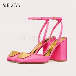 Fashion Women's Shoes Square Heel Block Heel Sandals Solid Color Large Rivet Buckle Pumps for Women Comfortable Leather Shoes