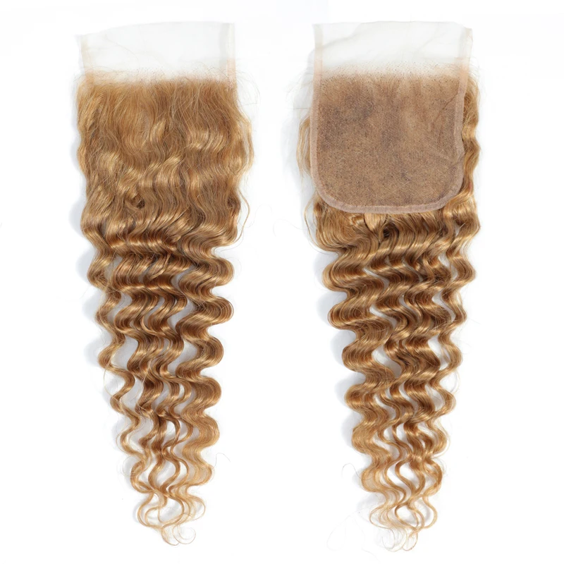 Tissage en Lot Brésilien Naturel Remy avec Closure, Couleur Blond Miel, Deep Wave, 3 Lots