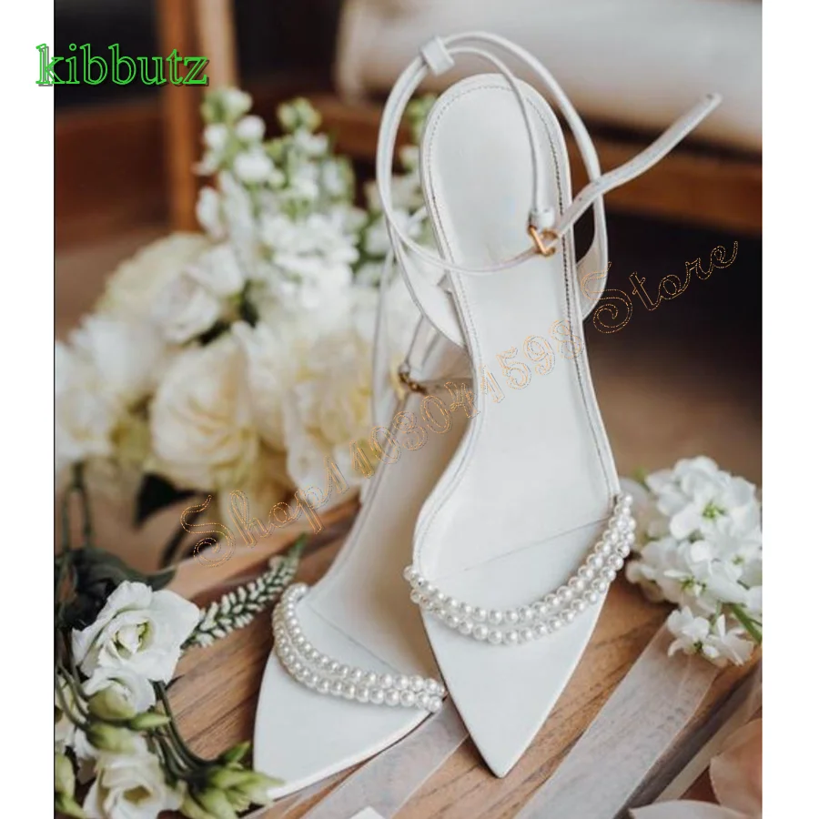 Sexy Pointed Toe Sandals White Pearl Stiletto Leather Women\'s Shoes Wedding Party High Heel Shoes 2024 New Zapatos Para Mujere