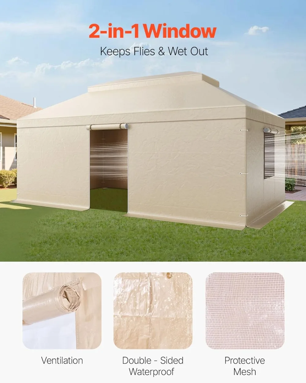 غطاء أكشاك شتوي مقاس 12 × 20 قدمًا، مأوى من البولي إيثيلين مزدوج الطبقات لجميع الأحوال الجوية مع نوافذ شبكية وجدران جانبية للمراقبة الصلبة