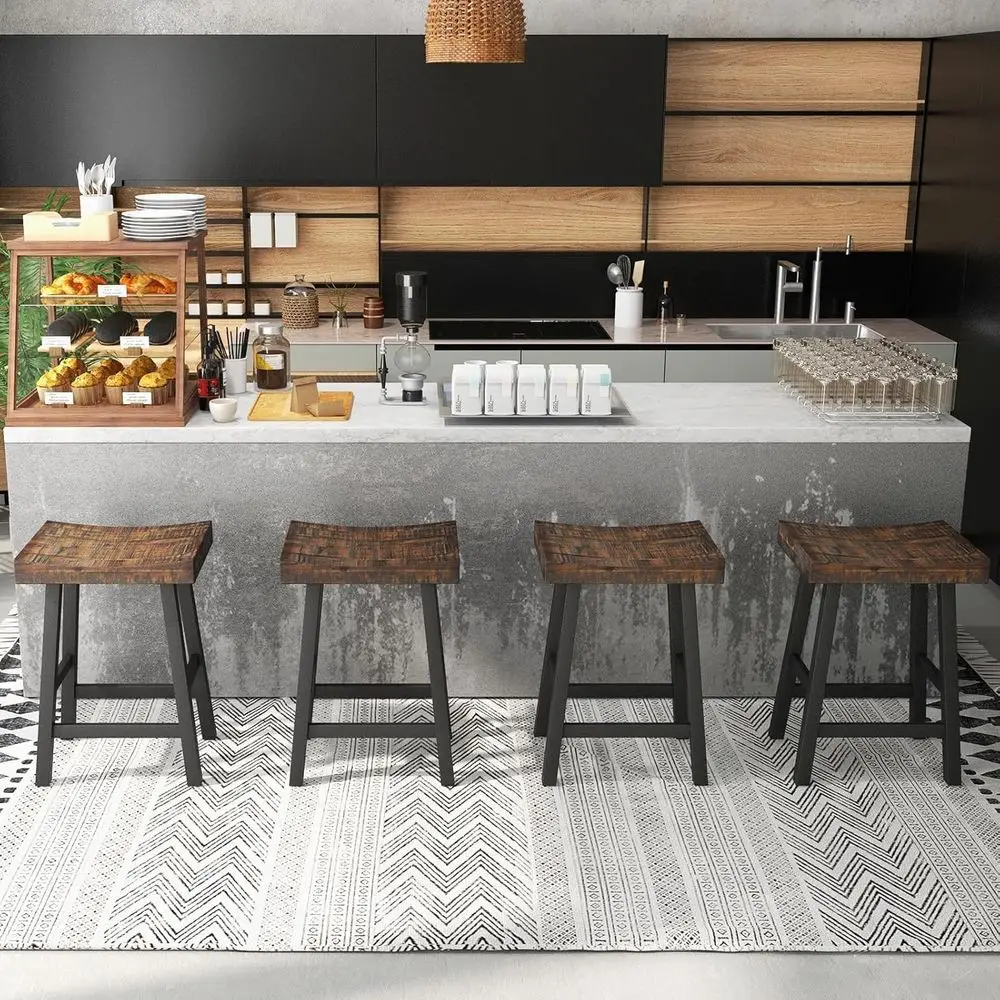 Set of 4, 24 Counter Height Bar Stools, Curved Seats, Rubber & Acacia Wood, Kitchen Island/Restaurant, Brown + Black