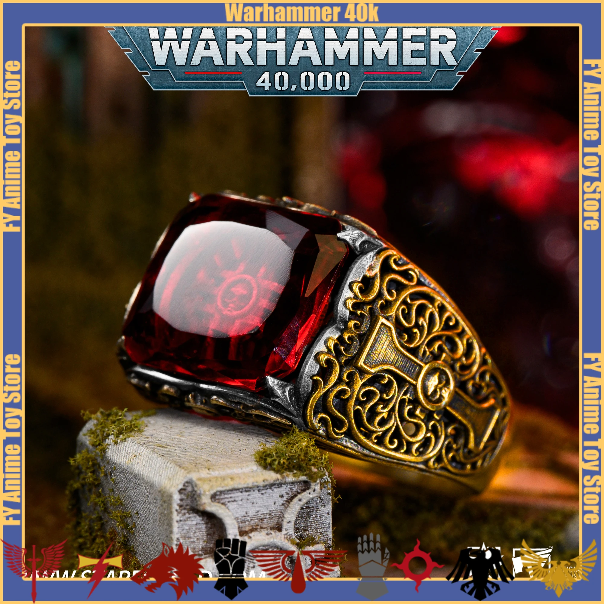 Warhammer 40K Seal of The Iquisitor Ring The Officio Inquisitorus Witness of The Sealer 925 Silver 18K Gold Artificial Ruby Game