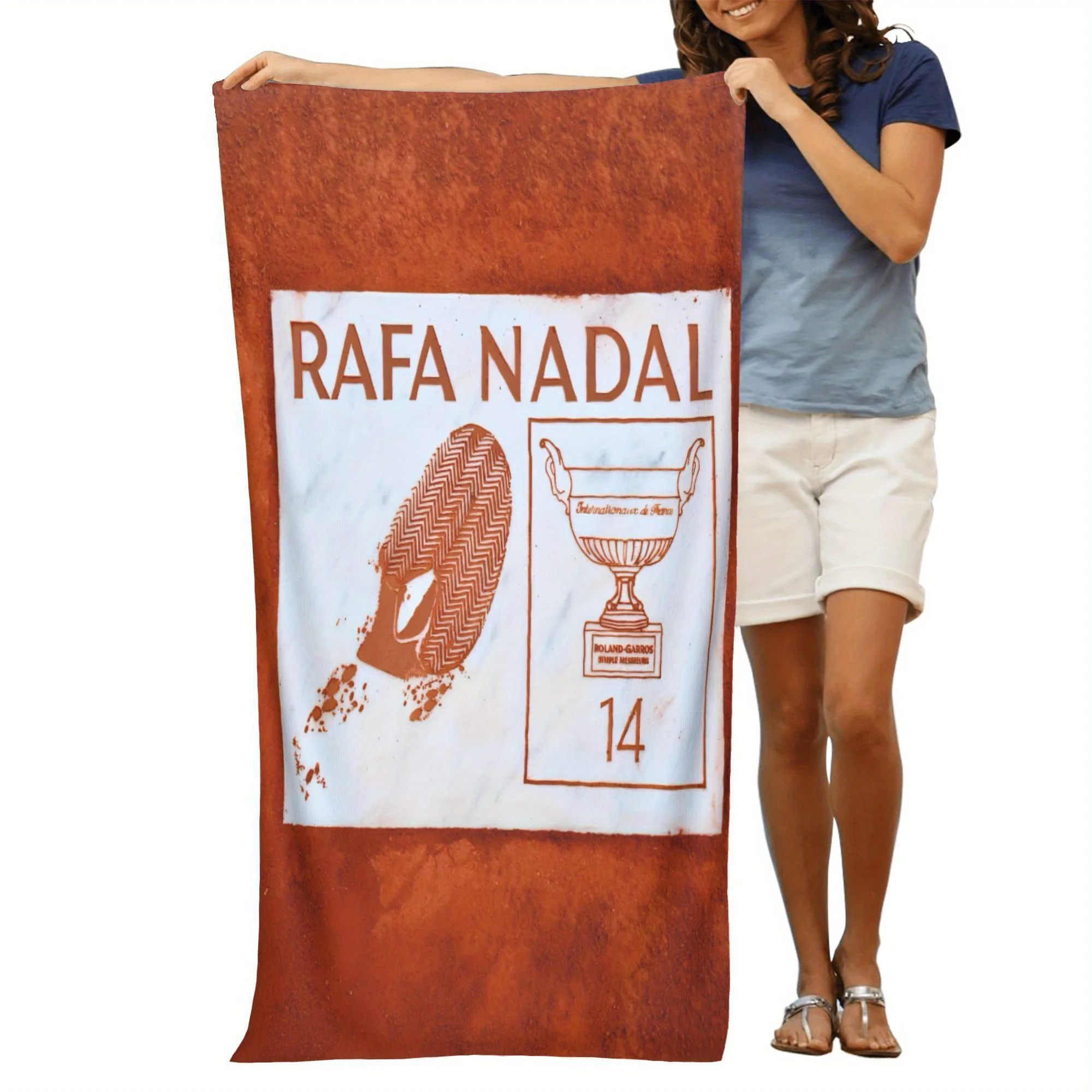 1 Tennis Beach Towel-Quick Dry Soft Polyester Blend, Champions Trophy and Footprint Design, Orange Bath Towel