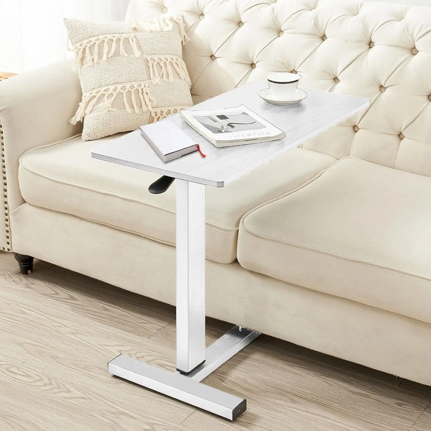 Overbed Table with Swivel Hidden Wheels Adjustable Height, Pneumatic Mobile Standing Desk Laptop Bedside Table Multi-Purpose for