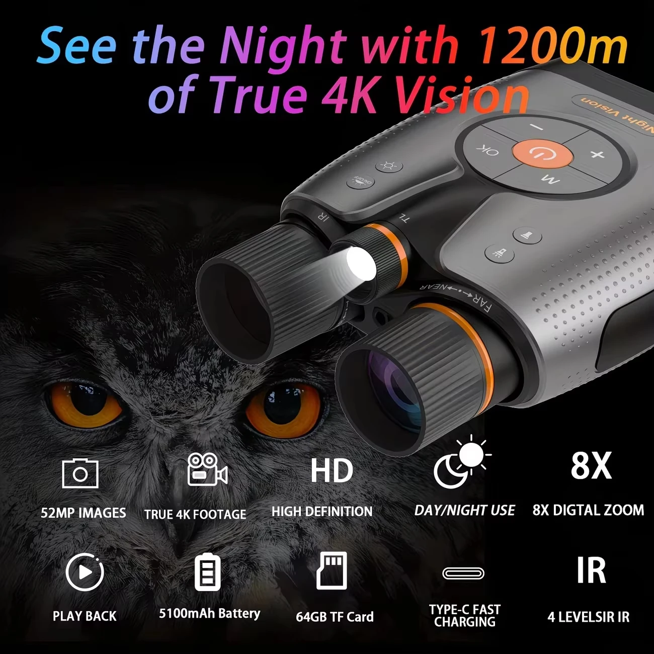 GOYOJO True 4K Night Vision Binoculars – Night Vision Goggles for Adults with 3940ft Range, Full Color Photo and Video with App Control, Super Large Display, 64GB Card for Camping & Security
