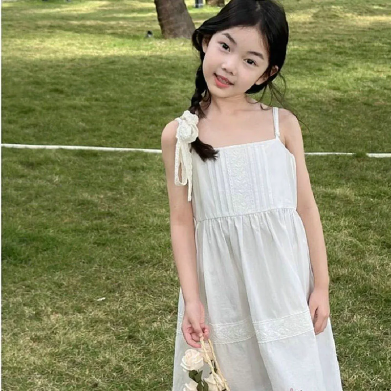 2024 New Girls Dresses Summer Solid Suspenders Dress Hollow-out Long-Sleeved Base Blouse Kid\'s Beach Wear