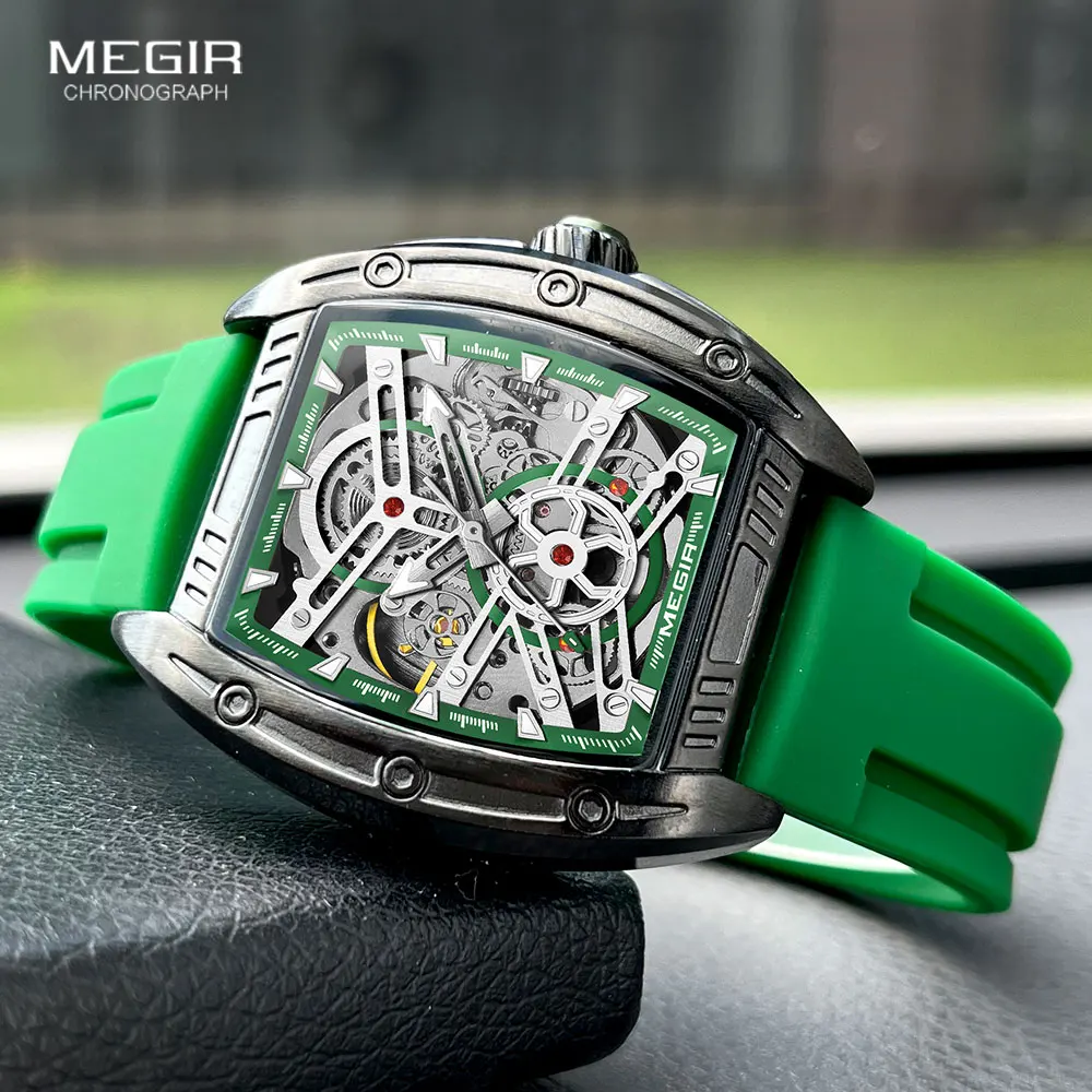 MEGIR Luxury Automatic Watch Men Fashion Sport Analog Waterproof Mechanical Wristwatch with Green Silicone Strap Tonneau Dial