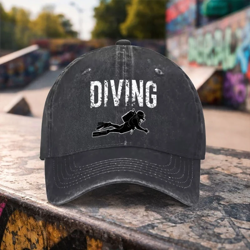 DIVING Diver Pattern Washed Baseball Cap Unisex Duckbill Casual Outdoor Sports Daily Wear