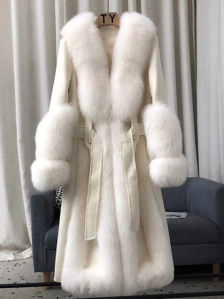 

2023 New Winter Women Natural Fox Fur Collar Long White Goose Down Jacket Wool Coat Warm CoatThick Luxury Female Coats