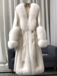 2023 New Winter Women  Natural Fox Fur Collar  Long White Goose Down Jacket Wool Coat Warm CoatThick Luxury Female Coats