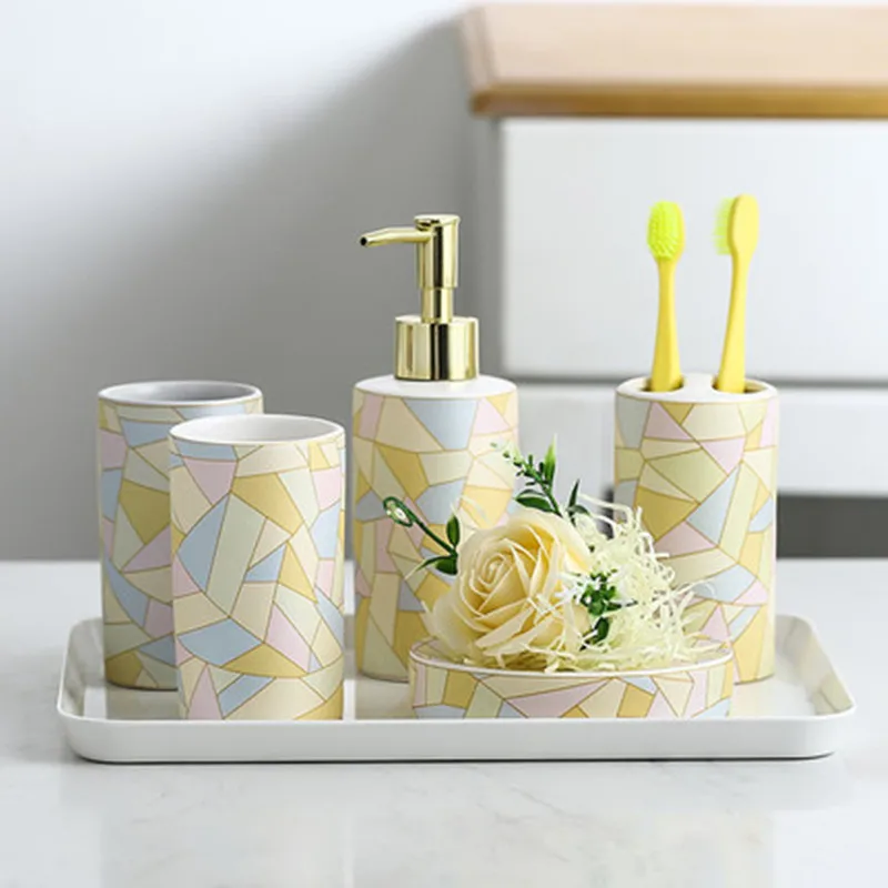 

Geometric Lines Ceramic Barthroom 5pcs Set Melamine Tray Bathroom Kit Wedding Washing Set Bathroom Supplies Toothbrush Holder