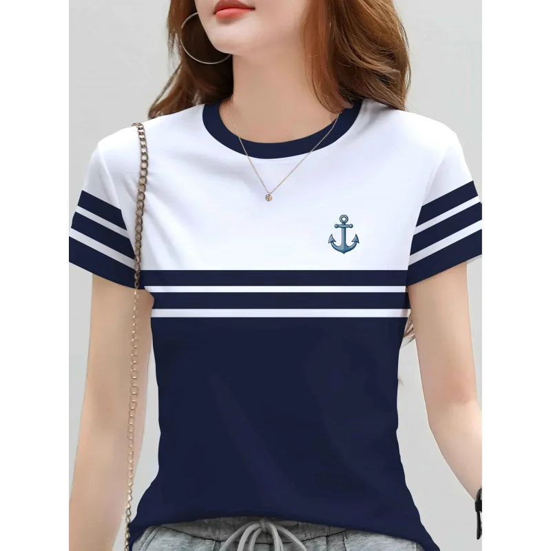 2026Fashionable women's nautical styleTShirt，round Neck Short Sleeve，With anchor print pattern，Casual striped top
