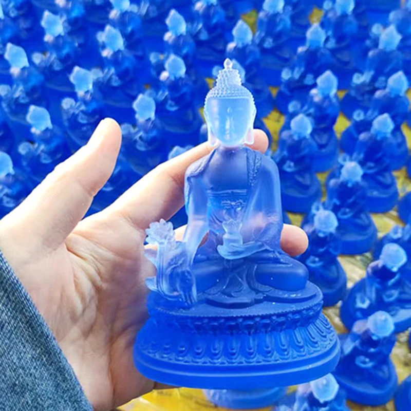 Blue Coloured Glaze Medicine Buddha Buddha Statue Ornament, Light Buddha Buddha Home Sculpture, Buddha Hall Decoration