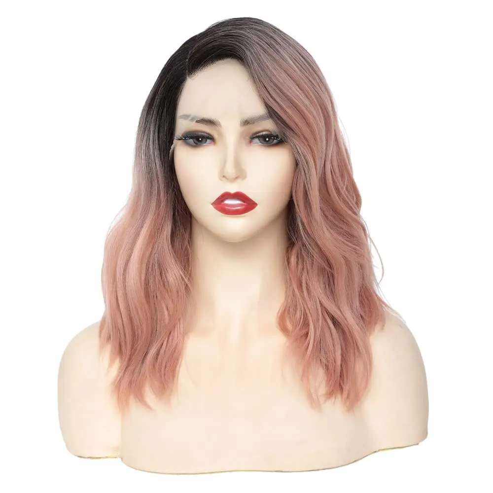 

SOKU Lace Front Bob Wig Natural Wavy Pastel Rose Wigs Side Part Synthetic Heat Resistant Curly Hair for Women 12 Inch Hair