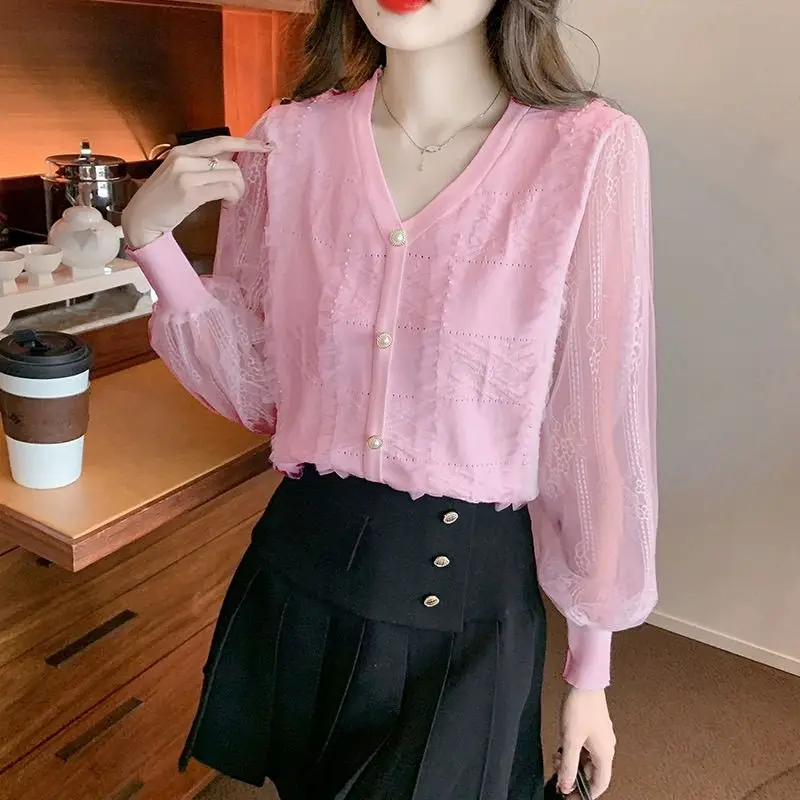 All-match Spring Autumn V-Neck Solid Color Button Lantern Long Sleeve Chiffon Women\'s Clothing Casual Embroidered Flares Tops