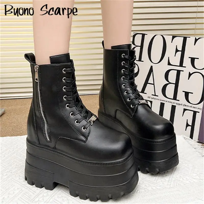 

Gothic Punk Style Round Toe Thick Sole Platform Chunky Heels Women Boots Zipper Solid Color Large Size Fashion Western Y2K Shoes