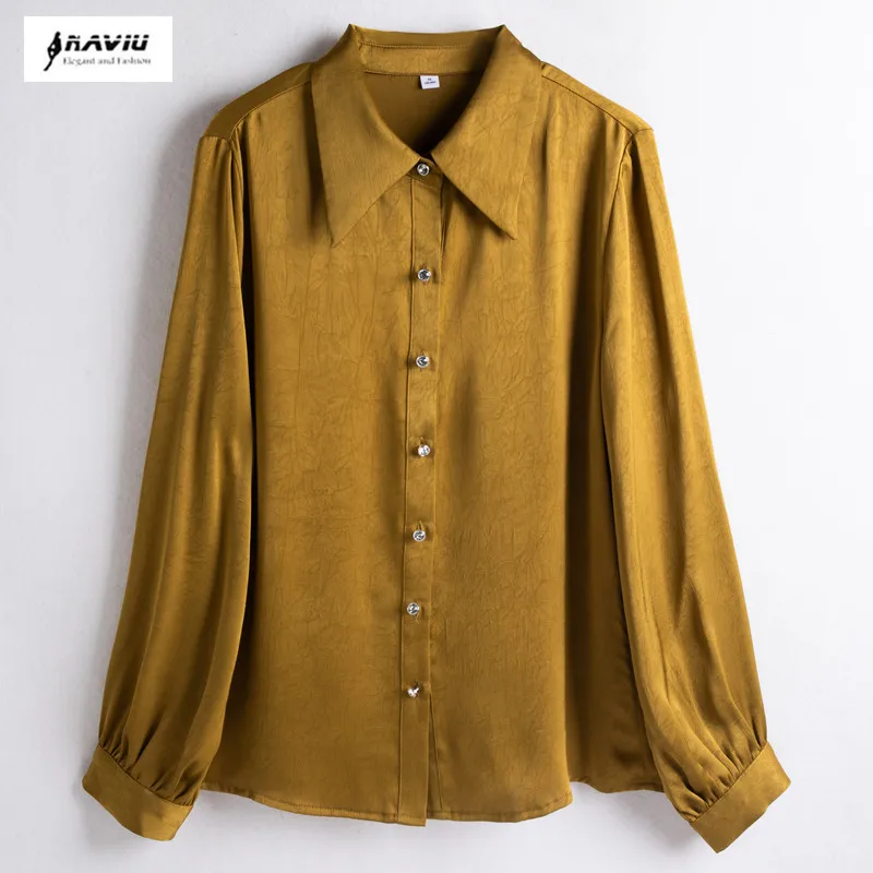 

NAVIU High End Office Lady Thin Satin Women Shirt Spring Autumn Single Breasted Yellow Apricot Long Sleeve Blouse Women Clothing