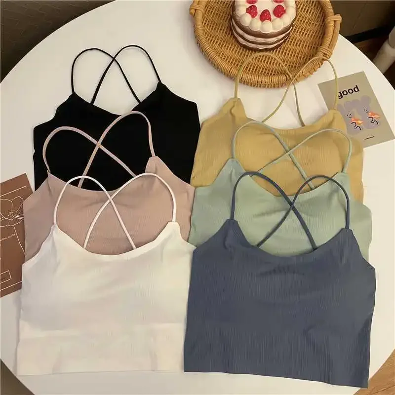 Seamless Ice Silk Cross-Back Tube Bra Girl Casual Solid Padded Camisole Anti-Slip Strappy Undershirt Layering Essentials