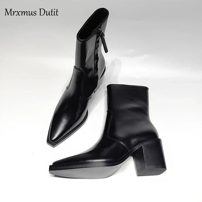 Zelxmus Dutit-Bottes en Cuir group pour Femme, Chaussures à Talon Rugueux, Tête Jolie tue, Simple, Chic, Nouvelle Collection Automne Hiver 2024