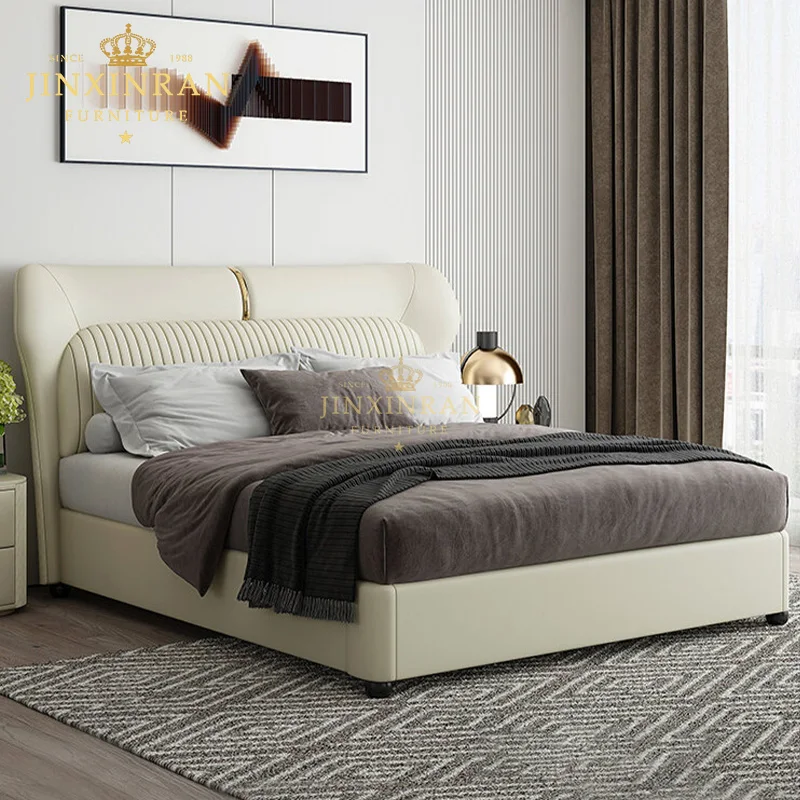 Ivory Leather Upholstered Bed King Size Center Channel Tufted Wing Headboard Platform Bed Bedroom Furniture