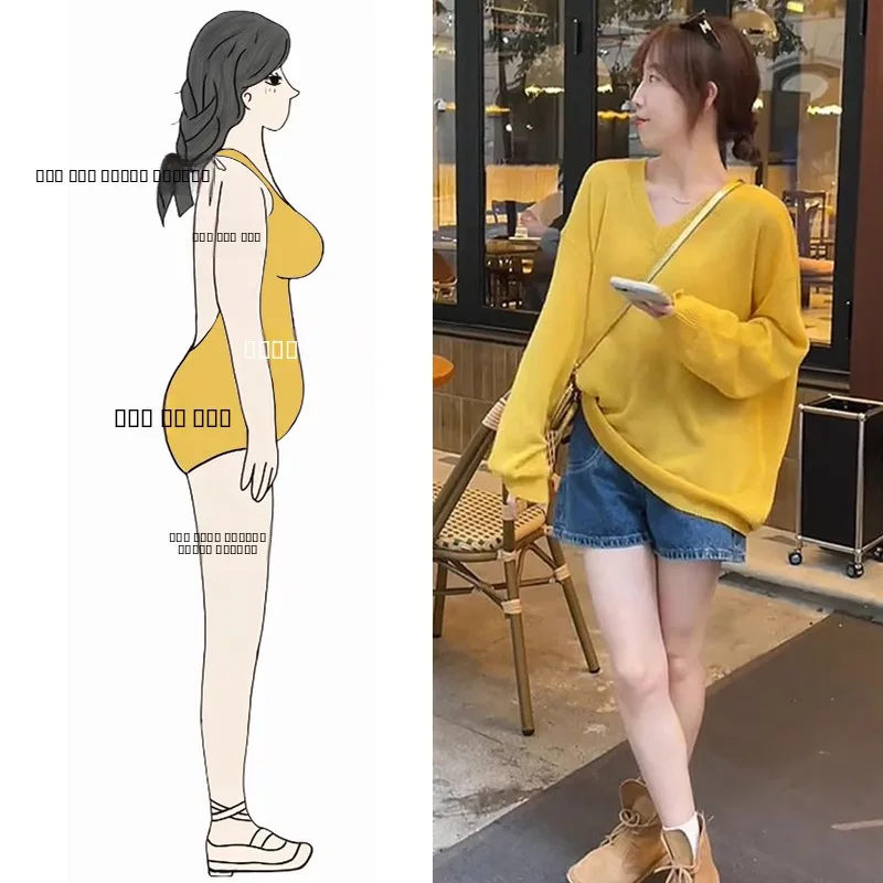 

Весенне-осенний комплект 2024: Желтый вязаный свитер с V-образным вырезом и длинными рукавами, джинсовые шорты с высокой талией, комплект из двух предметов больших размеров для женщин