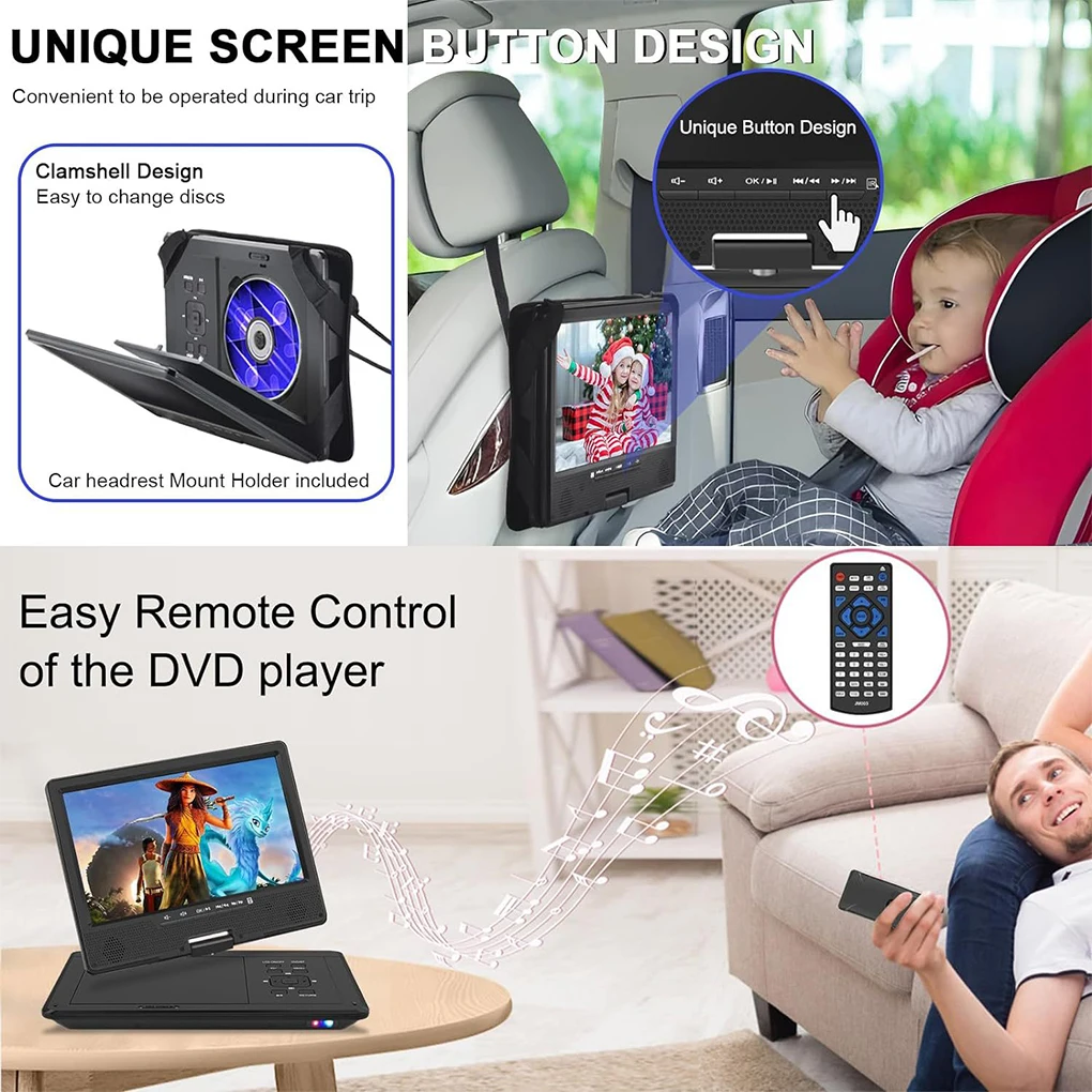 Portable 12.5 Inch Home Car LCD DVD Player Game TV Player 1080P Rotatable LCD Screen Compact Disc MP3 Viewer EU/US/UK Plug