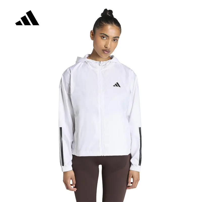 2026 Adidas Womens White Black Hooded Jacket Breathable Sports Windbreaker KC7655