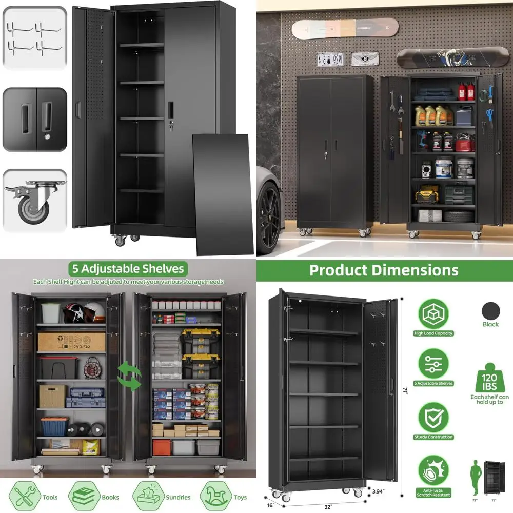 

Гаражный шкаф для хранения с регулируемыми полками и перфорированной доской, 71, высота, 32 шириной, 16 глубин, 2 двери, 5 полки для Ultimate O