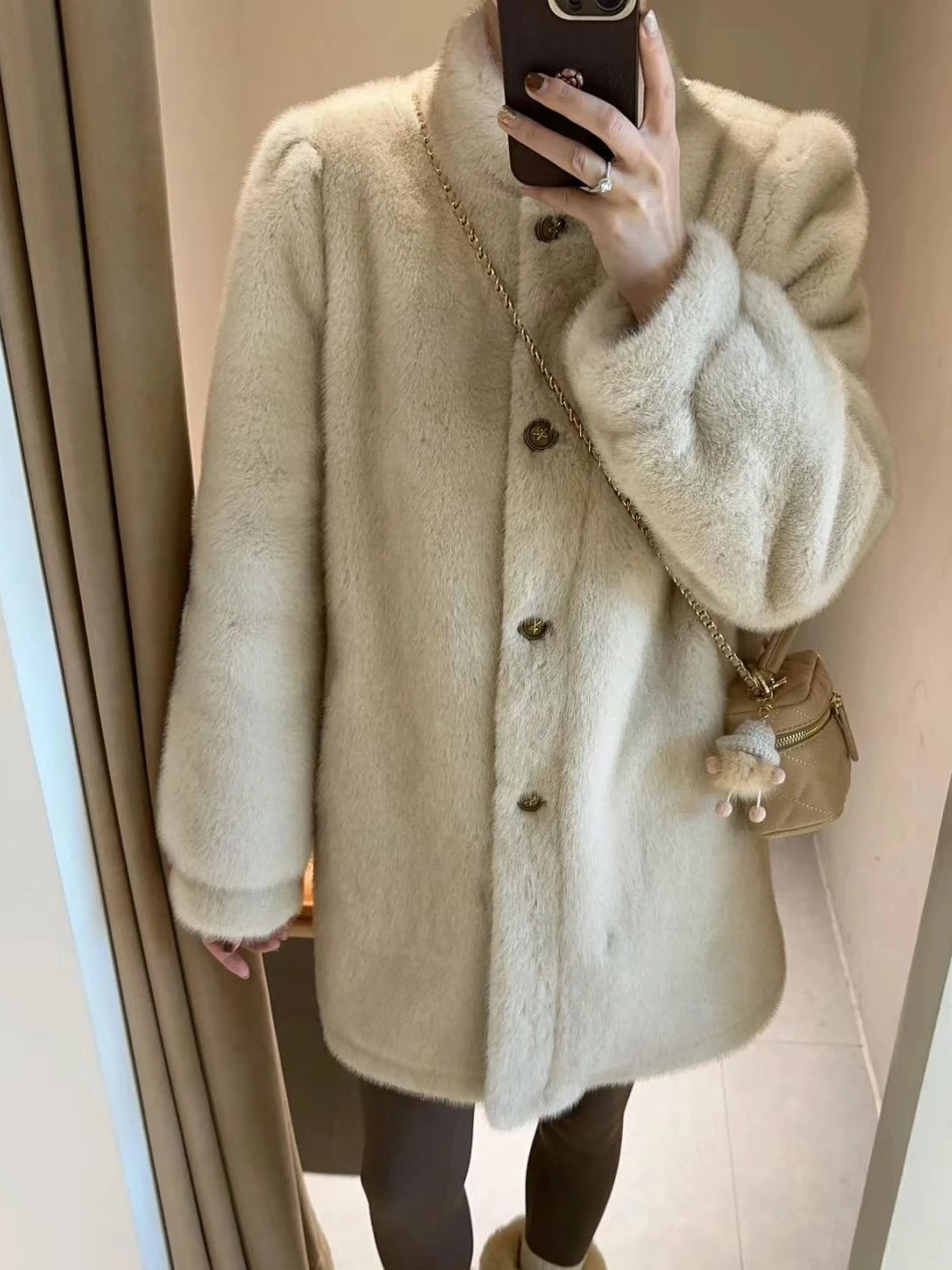 

Women's Faux Mink Thiened Long Coat Stand Collar Bubble Sve Fur Outerwear Vintage Sle Warmth All-Match Casual Outerwear